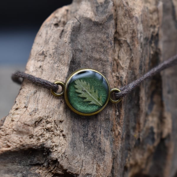 Silverweed Leaf Resin Bracelet on Adjustable Cotton Cord, Gathered in Scotland