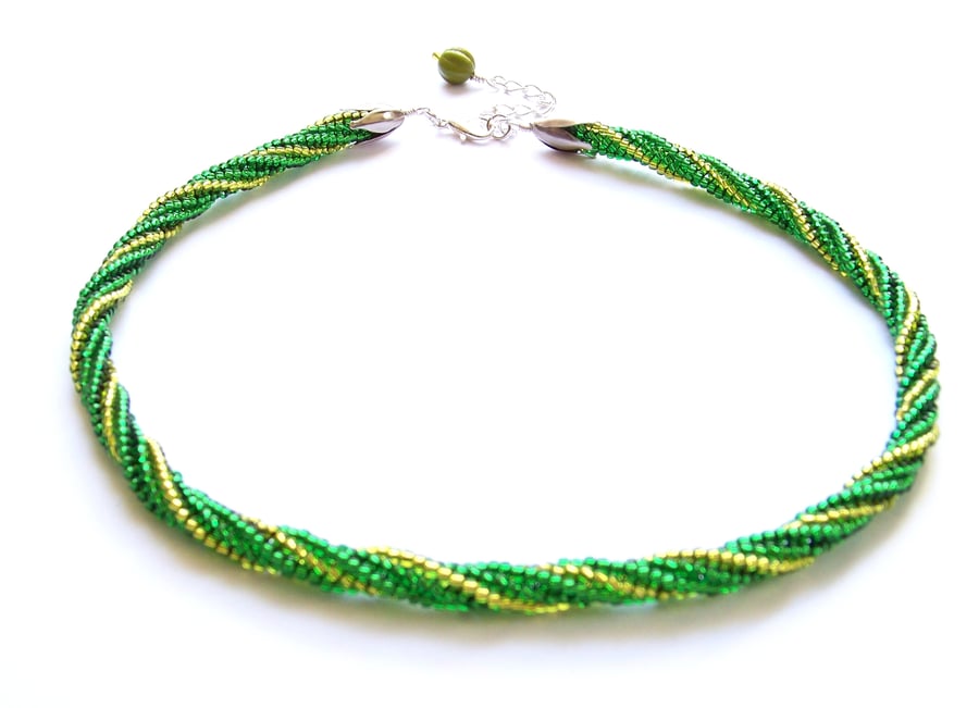 Green beaded choker necklace, spiral beaded necklace for women, bib necklace