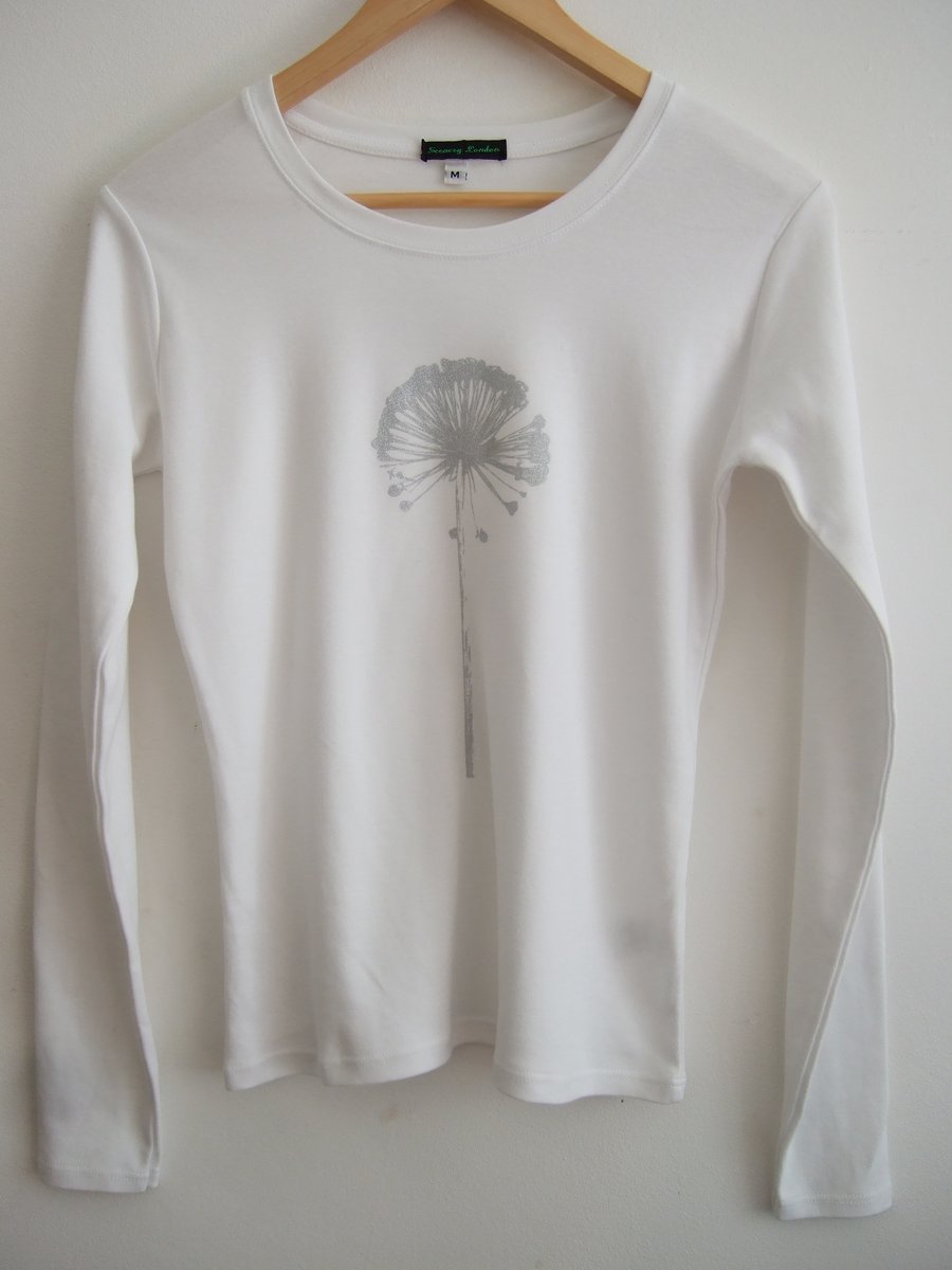 womens long sleeve cotton T shirt white and silver Allium print