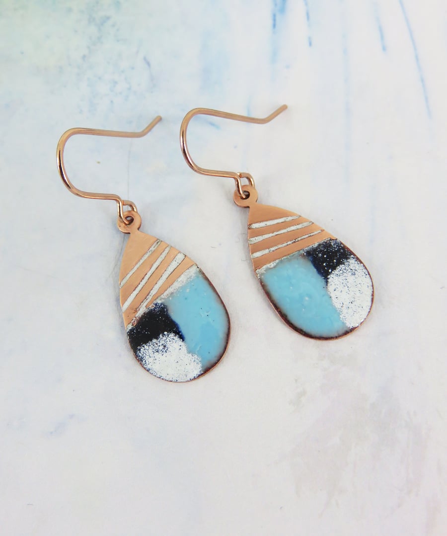 Enamel and Textured Copper Dangle Earrings