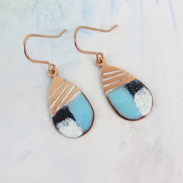 Enamel and Textured Copper Dangle Earrings