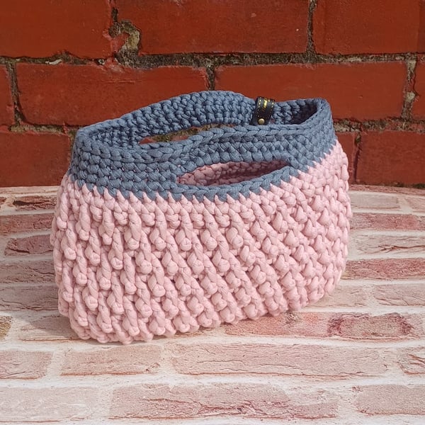Crochet pink and dark grey handbag