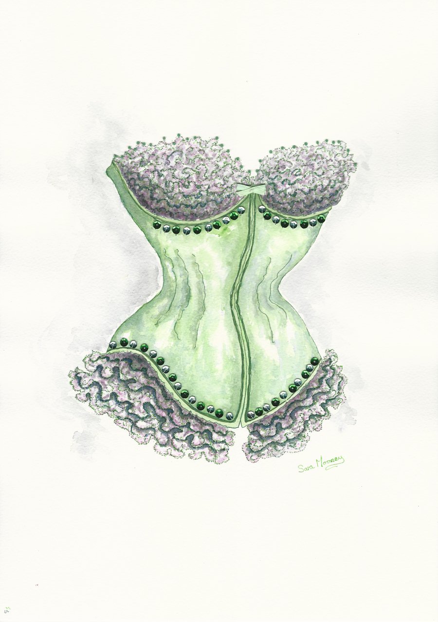 Corset watercolour painting in emerald green and mauve with sequins