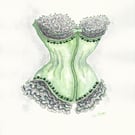 Corset watercolour painting in emerald green and mauve with sequins