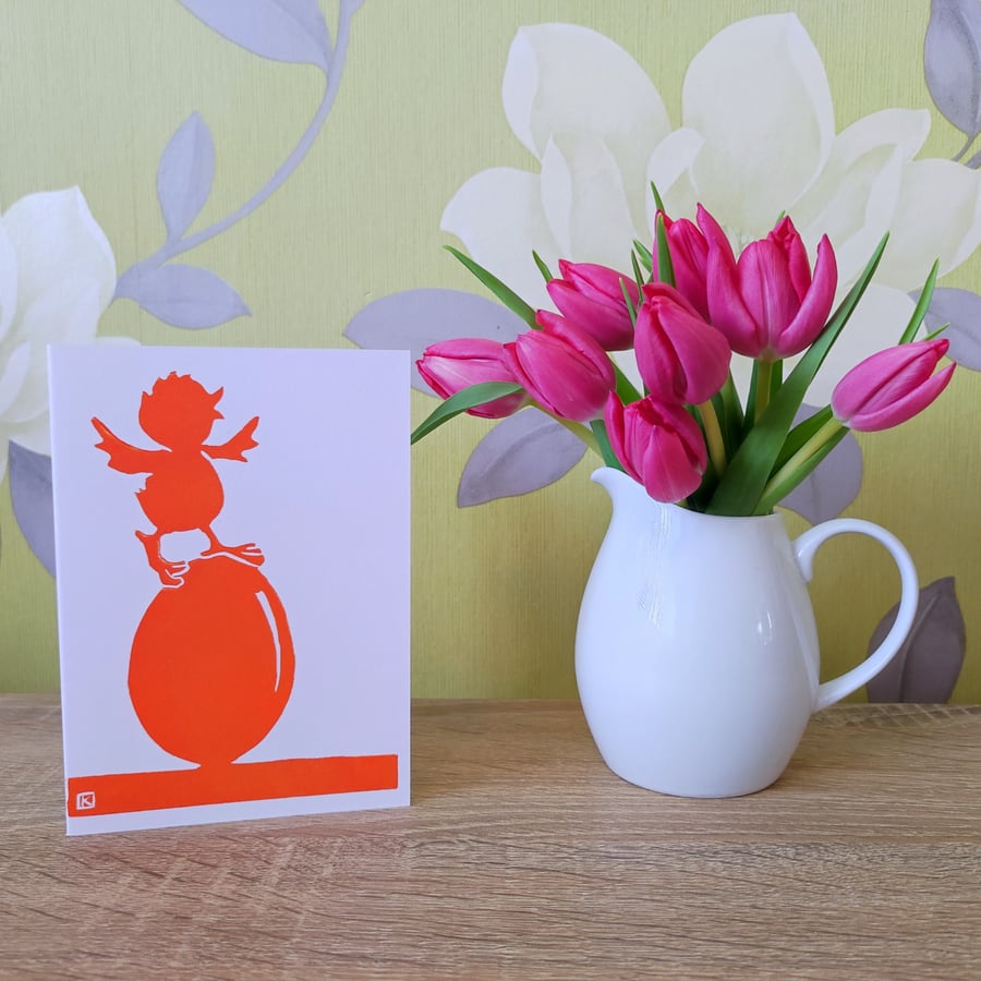 Happy Easter Chick 2 - luxury handmade linoprint greeting card orange