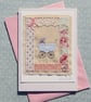 Embroidered card to welcome new baby, silk bow, mop button vintage lace - Image 4