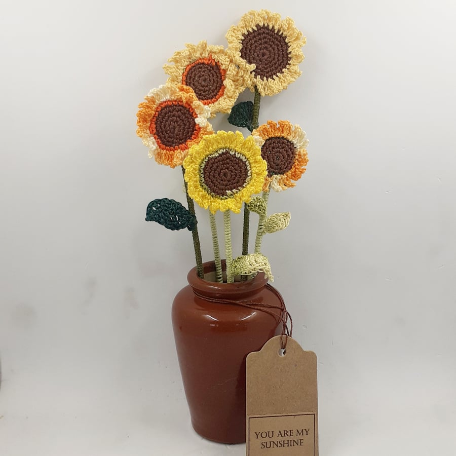 Mini Crochet Sunflowers in Pottery Vase