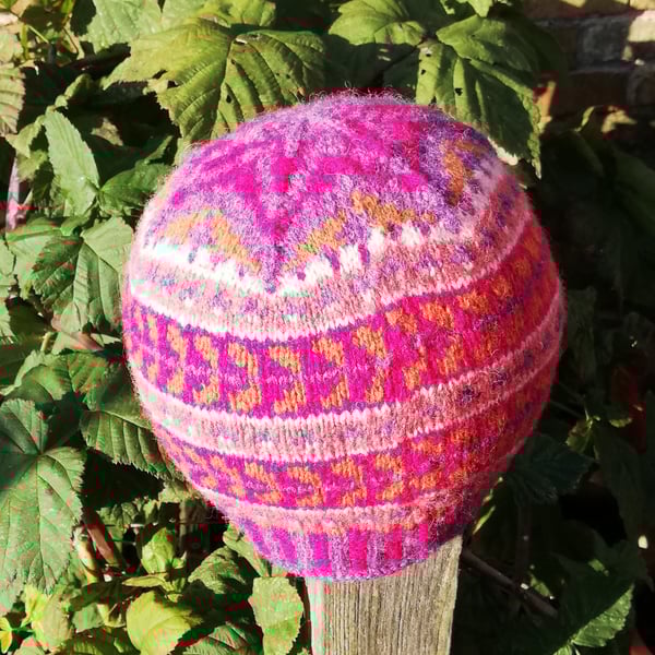 Knitting Kit. Fuchsia Fair Isle Hat - for beginners and experienced knitters