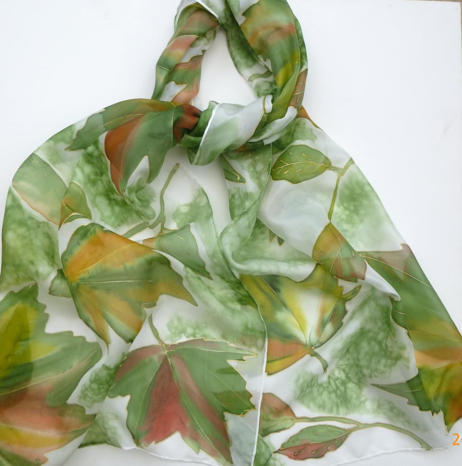 Autumn Tinge Leaves hand painted silk scarf