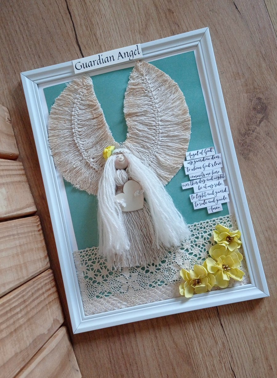 Macrame Guardian Angel doll in a frame First Holy Communion Handmade, Wall Decor