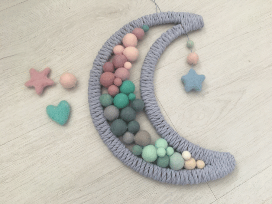 Pure wool felted ball filled hanging moon nursery decoration, xmas baby, mum