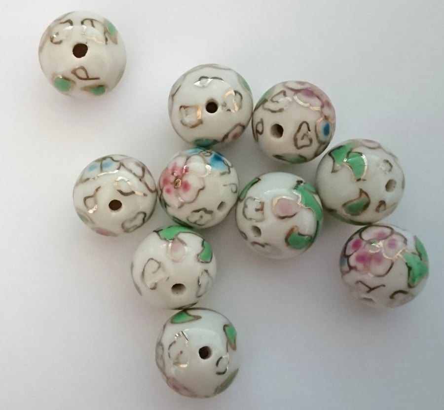 Vintage 90's Chinese Porcelain Beads -  loose x 10 - white floral
