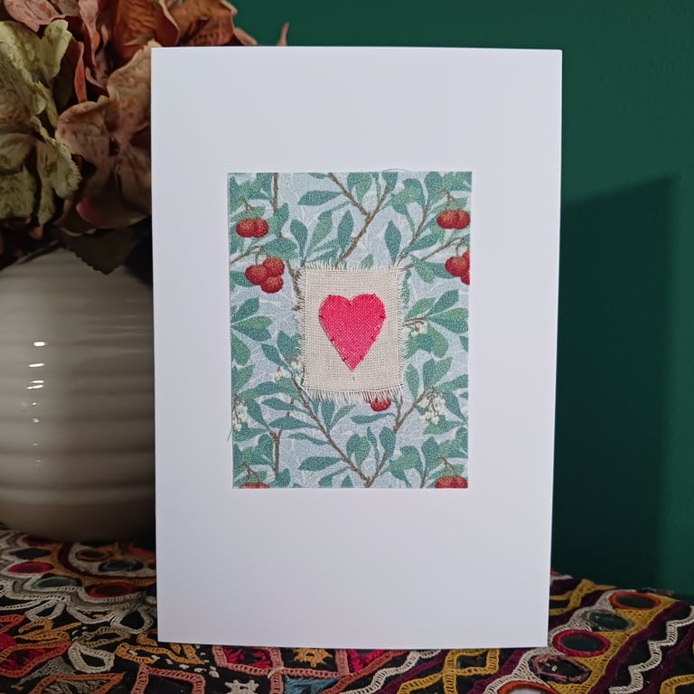 William Morris Arbutus Fabric Hand Stitched Card with Hand Painted Heart