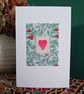 William Morris Arbutus Fabric Hand Stitched Card with Hand Painted Heart