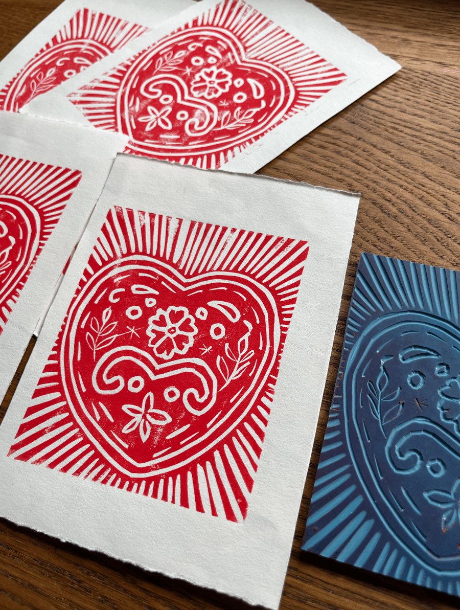 Original Hand-Printed Linocut Heart