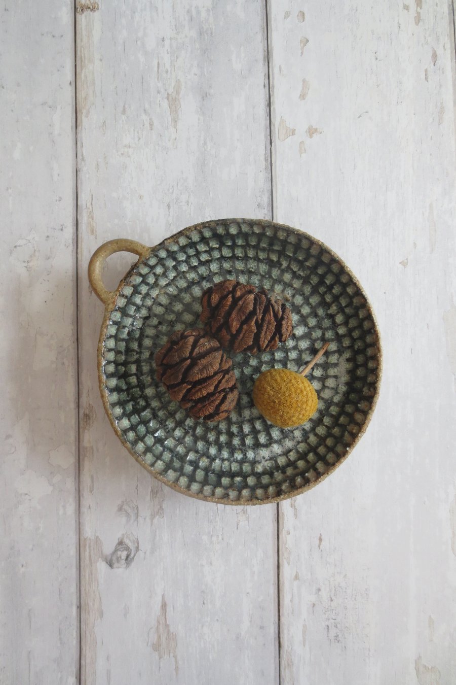 Hand-built stoneware pottery candle dish in deep sea green