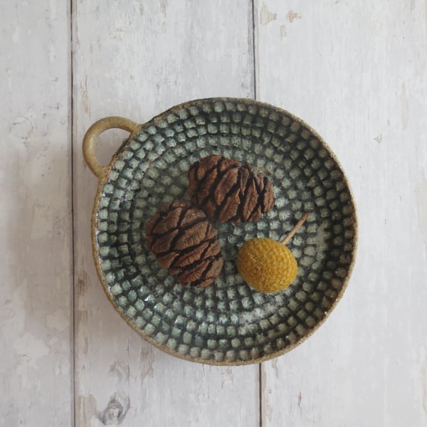 Hand-built stoneware pottery candle dish in deep sea green