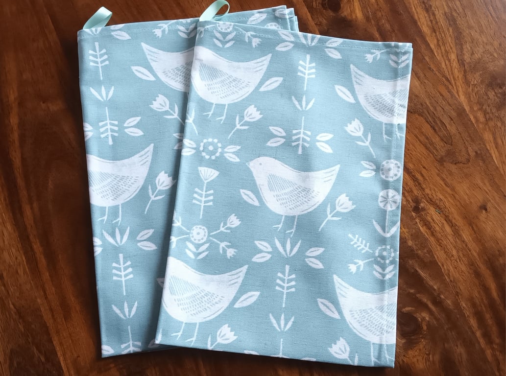 Seafoam Blue Tea Towel. Bird, Floral Scandi Style. Free Delivery