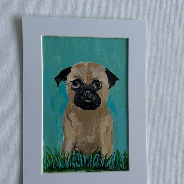 Original pug portrait. Colourful, 5x7" acrylic 