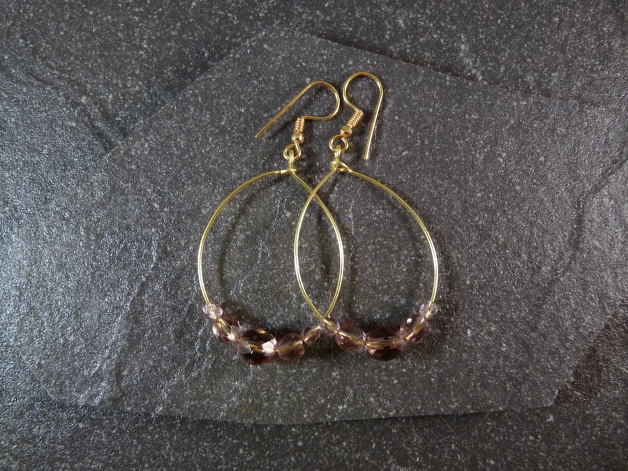Large Hoop Earrings - Lavender Faceted Glass - 40mm - Gold Colour