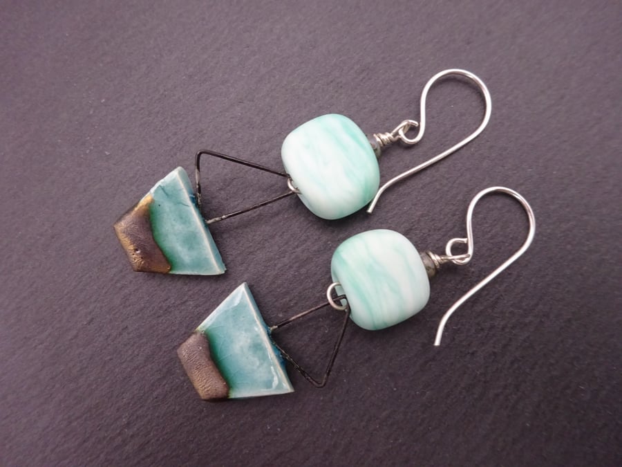 sterling silver earrings, green lampwork glass jewellery, ceramic boats