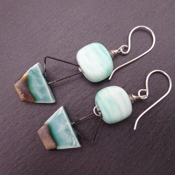 sterling silver earrings, green lampwork glass jewellery, ceramic boats