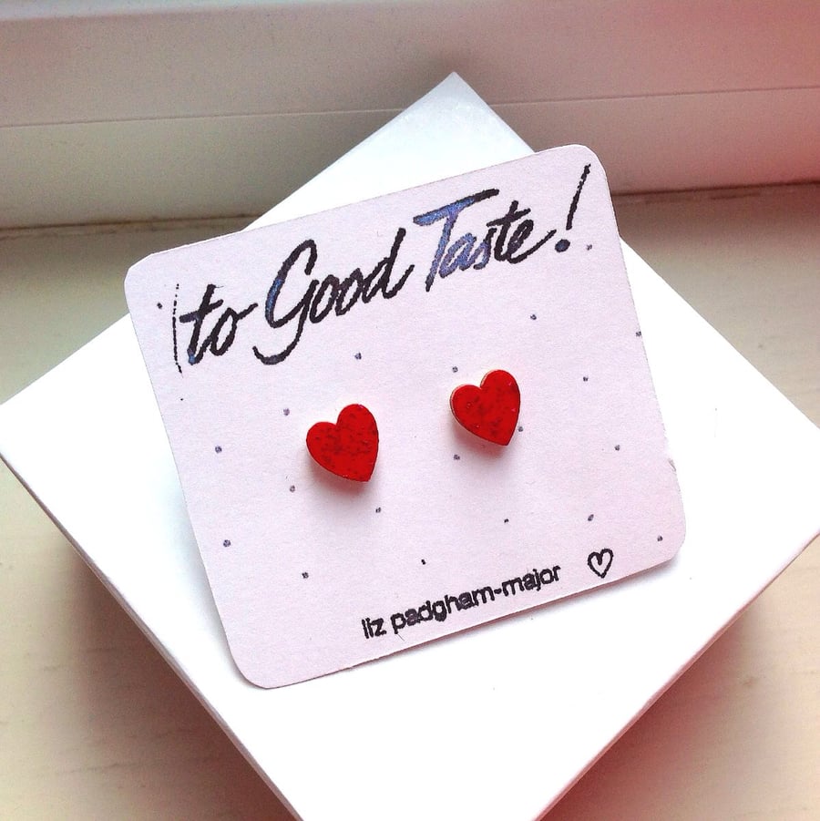 Earrings, Heart Shaped Hand Painted Red & Glitter Wooden Earrings FREE P&P in UK