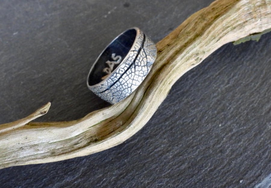 Leaf Imprint Ring. Black oxidised finish, sage leaf pattern.