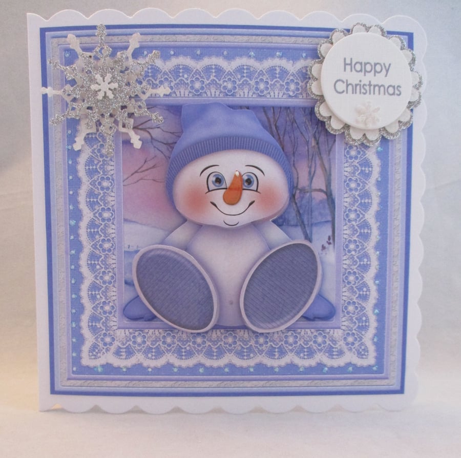 Snowman  Baby ,Blue, 3D, Decoupage Christmas Card, Personalise