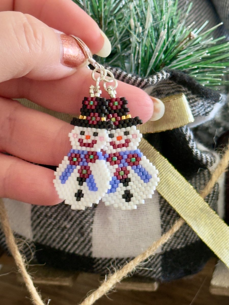 Festive Poinsettia Snowman Earrings, Beadwork Christmas Earrings