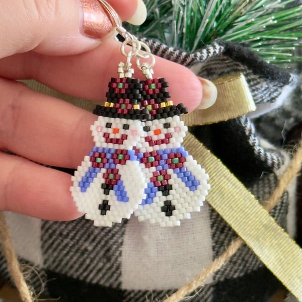 Festive Poinsettia Snowman Earrings, Beadwork Christmas Earrings
