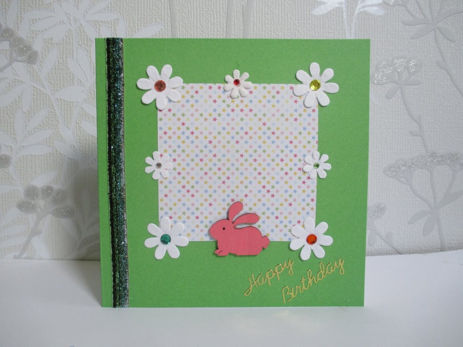 Bunny Rabbit Birthday Greetings Card Happy Birthday White Green Flowers Floral