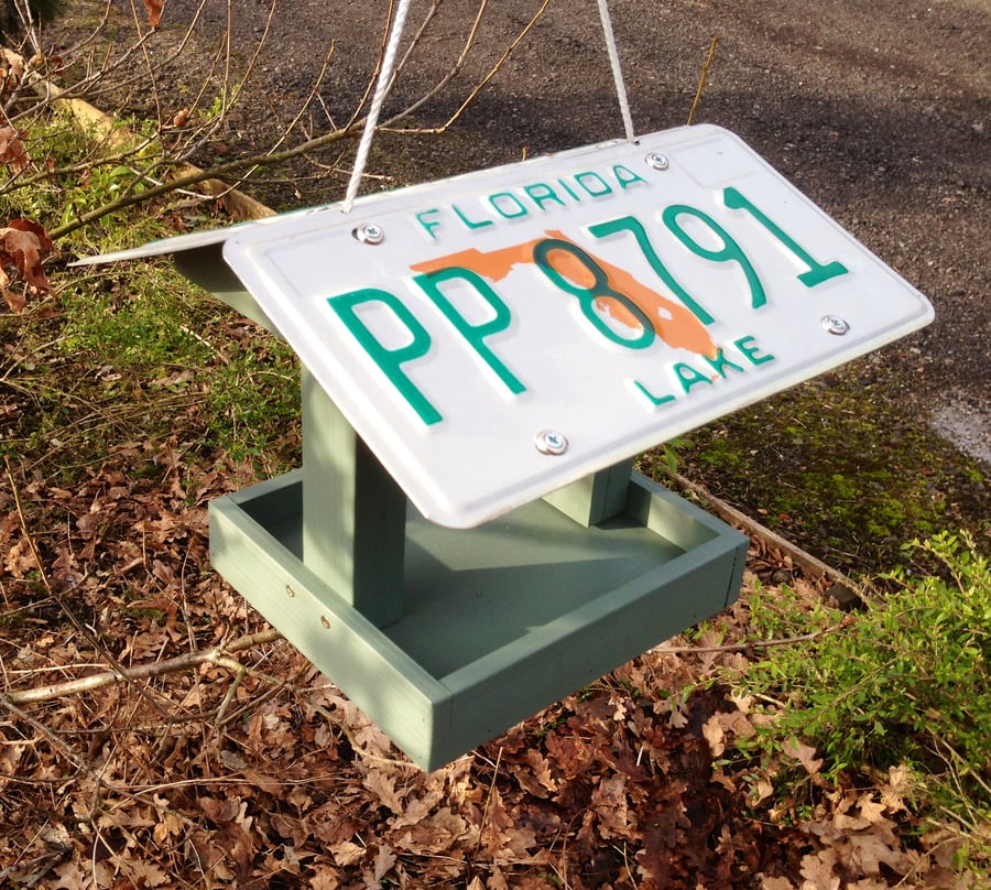 Hanging Bird Table with your choice of License Plate roof.