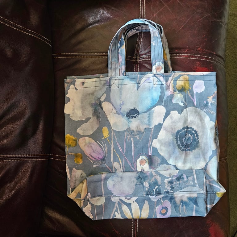 Blue Flower Cotton Canvas Tote Bag short handles