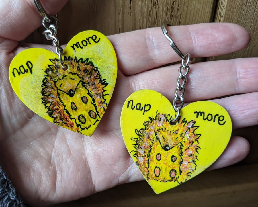 Hedgehog, wooden keyring heart, hand painted, handmade, woodland animal