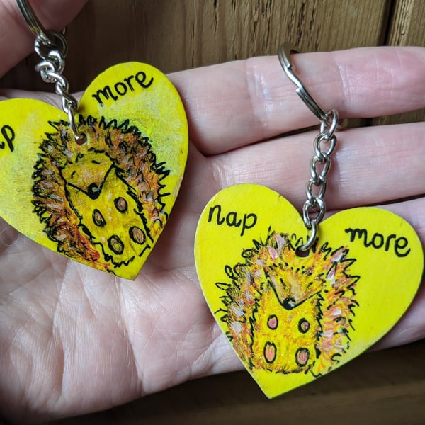 Hedgehog, wooden keyring heart, hand painted, handmade, woodland animal