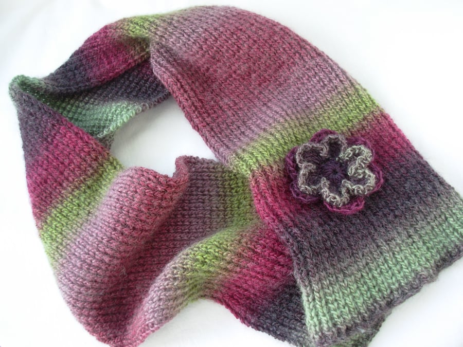 Knitted Scarf   Pink Purple and Green