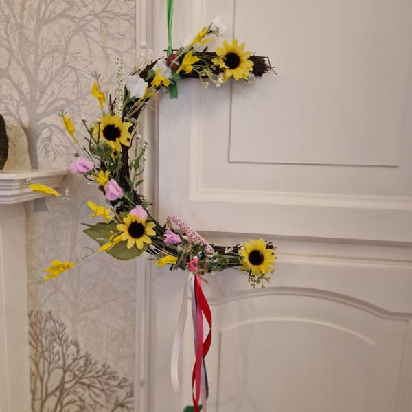 Litha Summer Solstice Crescent Moon Wreath: Sunflower, Carnelian & Aventurine