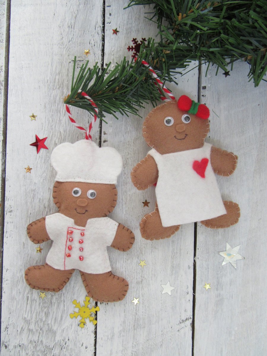 Felt gingerbread man, chef and cook decorations, bakers gift