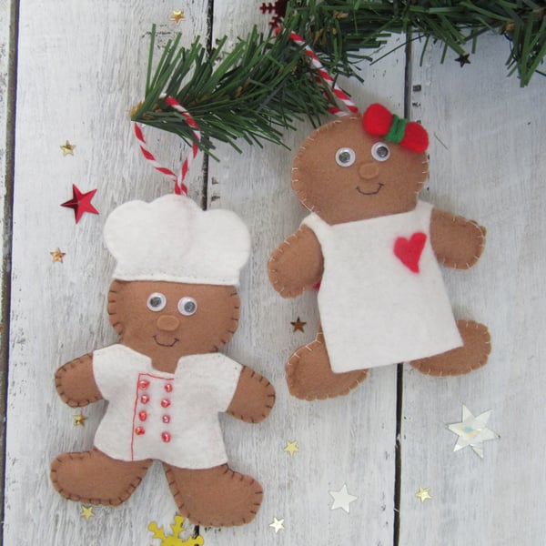 Felt gingerbread man, chef and cook decorations, bakers gift