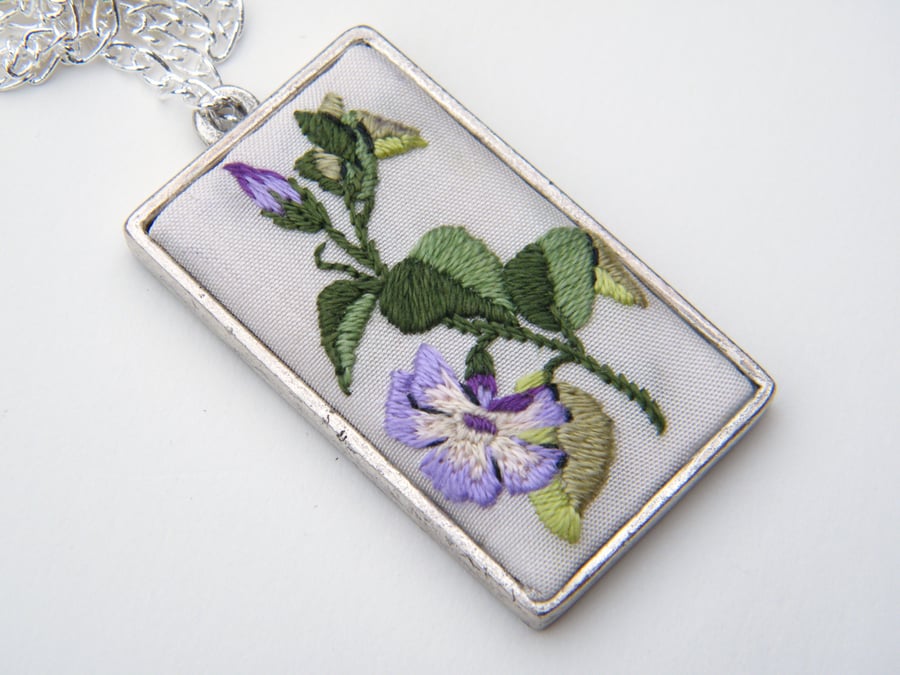 Embroidered Periwinkle pendant - NEW PRICE -