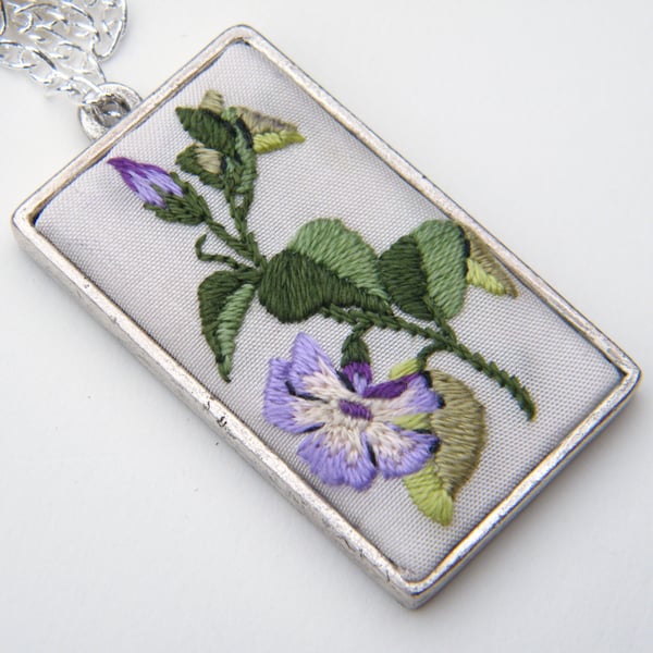 Embroidered Periwinkle pendant - NEW PRICE -
