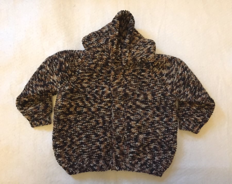 Hand knitted baby cardigan with pixie hood - brown 