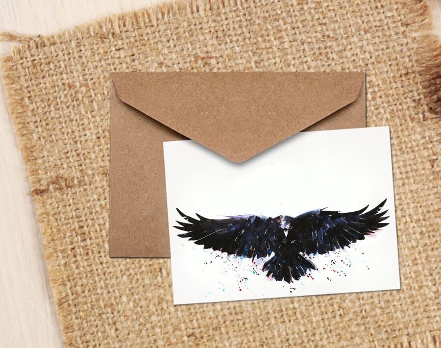 Raven Watercolour Art NoteGreeting Card -Raven Greeting card,Raven Note card,Rav