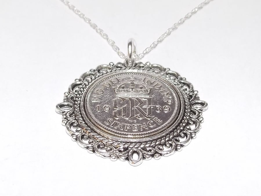 Fancy Pendant 1939 Lucky sixpence 85th Birthday plus a Sterling Silver 20in Chai