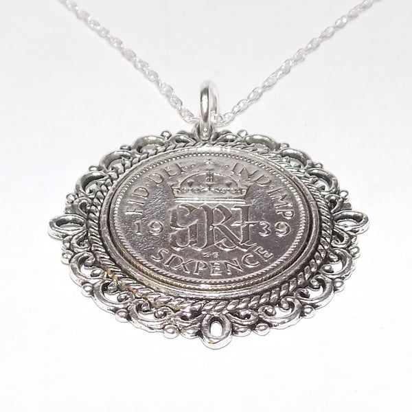 Fancy Pendant 1939 Lucky sixpence 85th Birthday plus a Sterling Silver 20in Chai