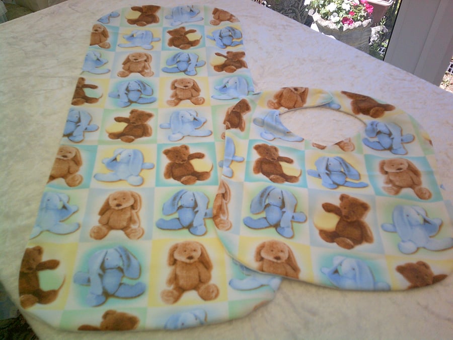 Burp Cloth and Bib Set with Teddy Bears and Blue Rabbits