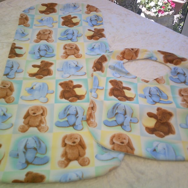 Burp Cloth and Bib Set with Teddy Bears and Blue Rabbits
