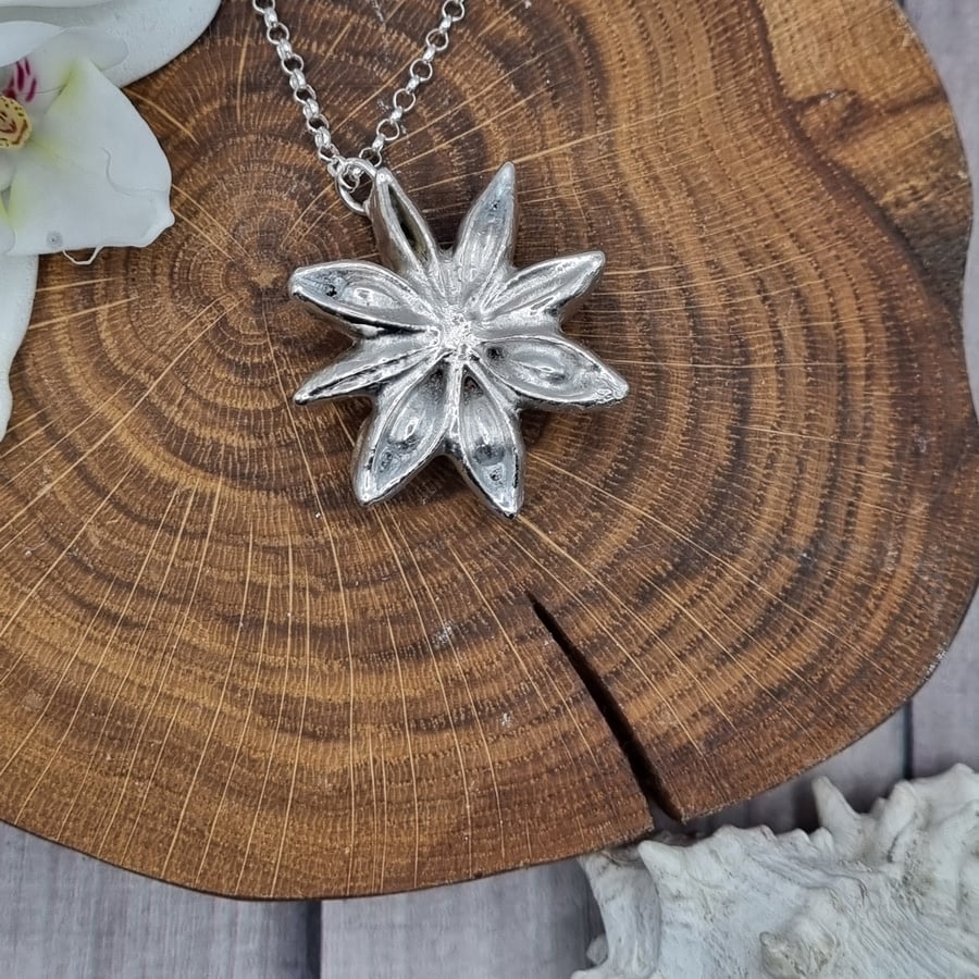 Real Star Anise preserved in silver, pendant necklace