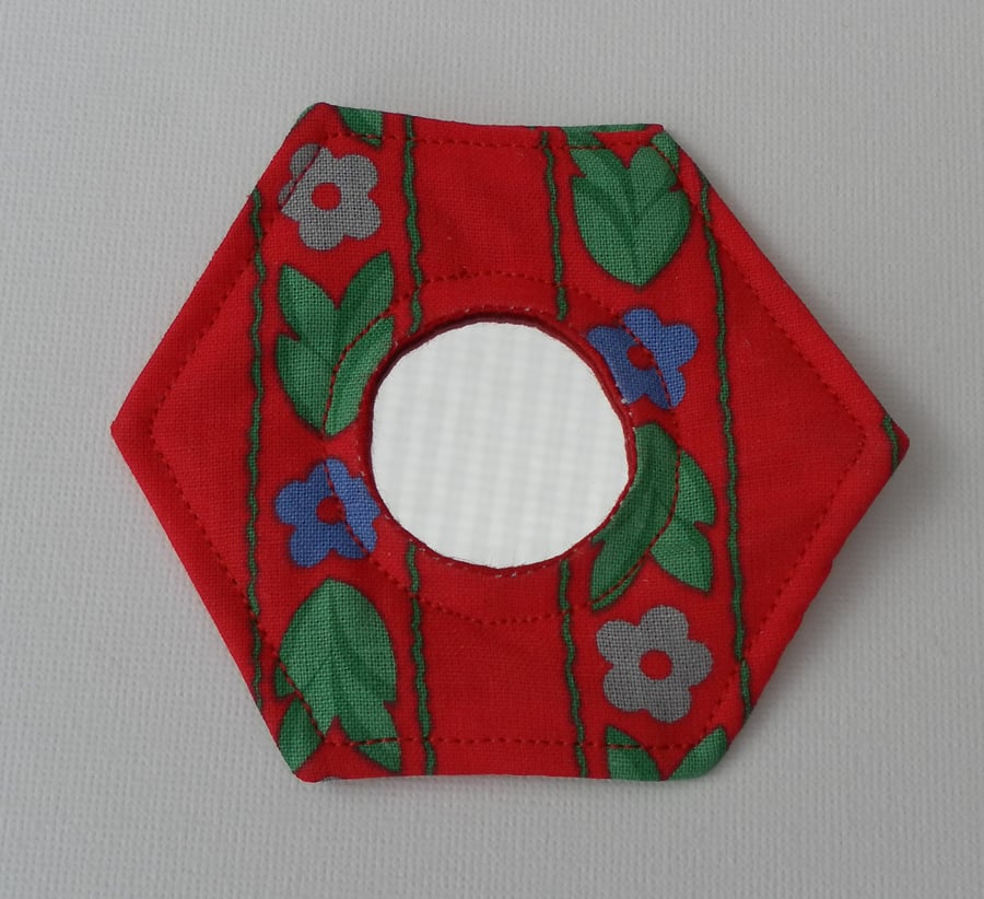 Handbag Mirror, Laura Ashley Fabric, Hexagonal, Red, Green, Blue